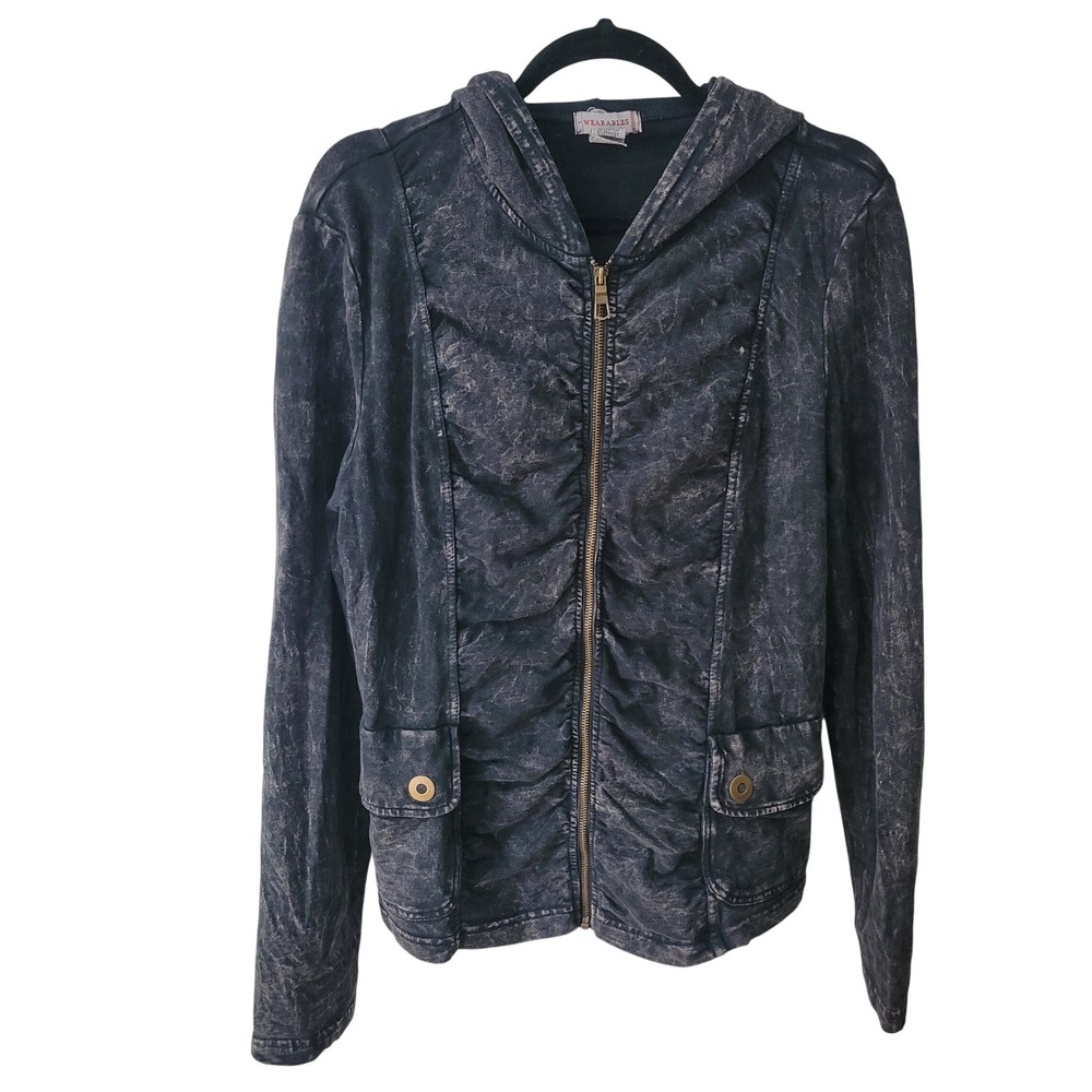 Wearables Medium Zip Up Hoodie Womens Black Mineral Wash Ruched Moto Jacket XCVI